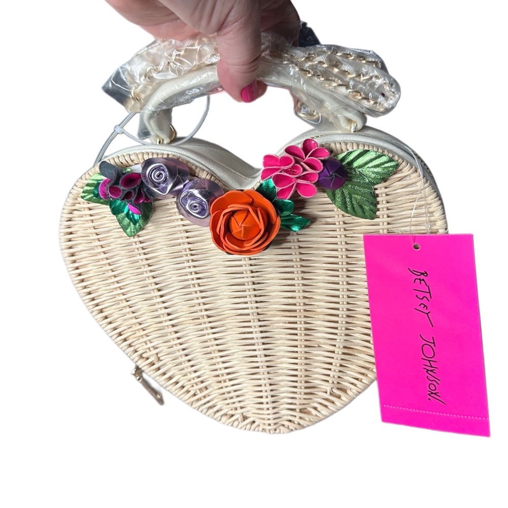 Betsey Johnson Heart-Shaped Woven Bag with Floral Accents - Picture 3 of 8